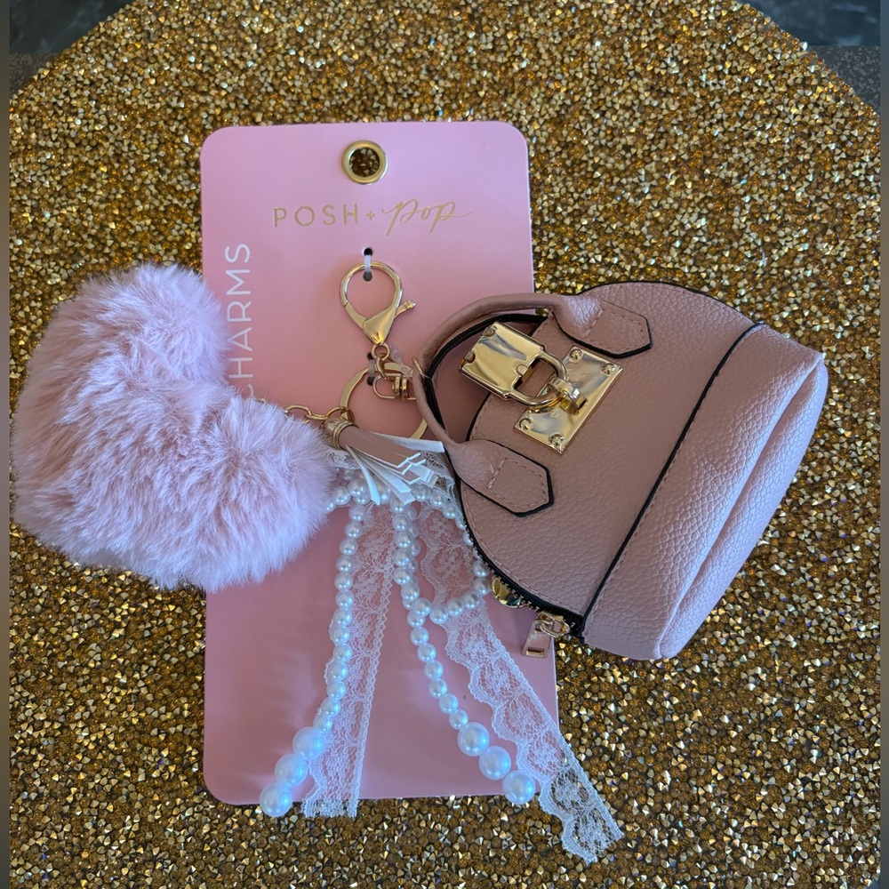 Posh + Pop NWT Pink Mini Handbag Key & Card Holder with Faux Fur Pom Charms - Picture 6 of 6